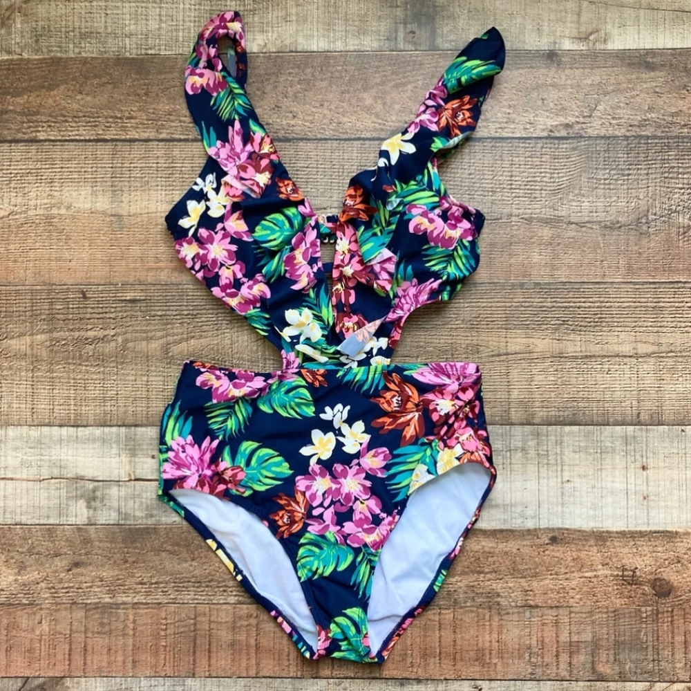 CLEAN WATER BLACK PALM PRINT SIDE CUTOUT ONE PIECE- great condition